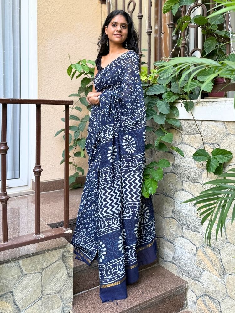 Azure Bloom – Blue Chanderi Silk Cotton Saree with Floral Block Print